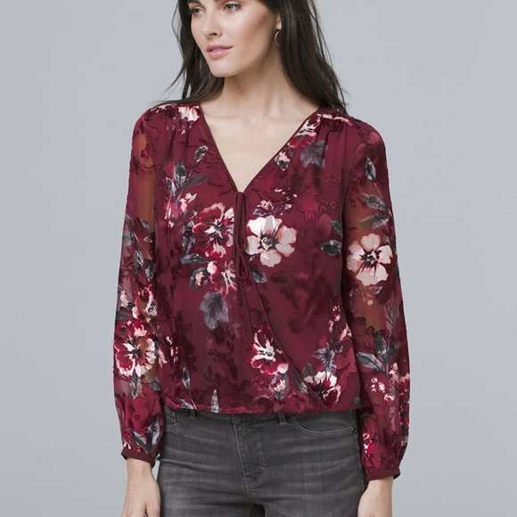 White House Black Market Tops - White House Black Market Floral Velvet Faux Wrap Burnout Blouse Size 8 H12755